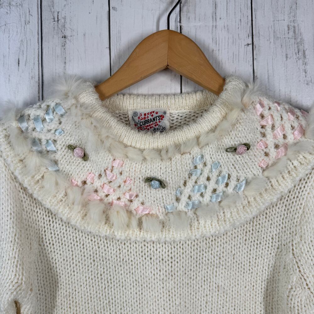 VTG Currants Cream Decorative Ribbon Collar Chunky Knit Sweater Korea Size Small - Picture 7 of 15